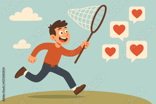 Concept of social media addiction with a man chasing likes. Cartoon person running with a net after heart icons, a metaphor for obsession with popularity and online validation. Vector.