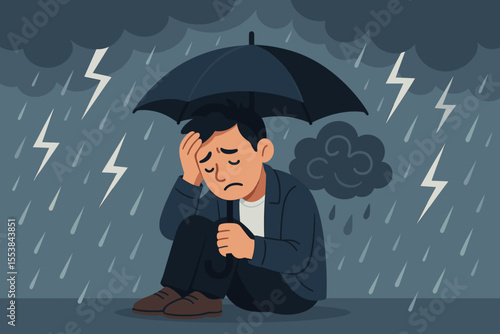 Depressed man sitting under umbrella in thunderstorm, mental health crisis concept, anxiety, sadness, stress, rain, lightning, emotional struggle, psychological disorder, vector illustration