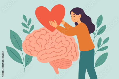 Mental health awareness illustration. Woman embracing human brain with heart symbol. Compassion, self-care, emotional support, psychological well-being, positive mindset, mental wellness concept