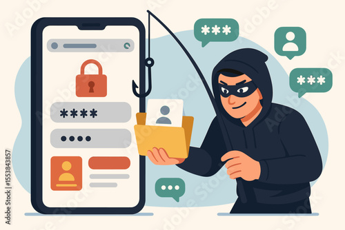 Cybersecurity phishing attack concept. Hacker stealing sensitive data, passwords, user credentials via mobile device. Fraud, identity theft, online scam, social engineering vector illustration.