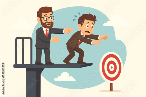 Business mentor pushing anxious businessman off diving board toward target. Risk taking, leadership, motivation, achieving goals, business challenge, guidance, cartoon vector illustration