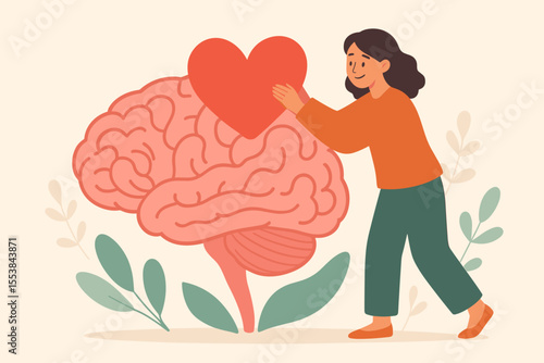 Mental health awareness, woman placing heart on brain, compassion, empathy, psychological well-being, emotional support, self care, mind and heart connection, mental wellness concept illustration