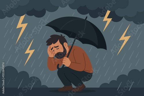 Depressed man sheltering under umbrella in thunderstorm. Mental health crisis, anxiety, stress, sadness, depression metaphor. Rain, lightning, dark clouds. Emotional struggle vector illustration.