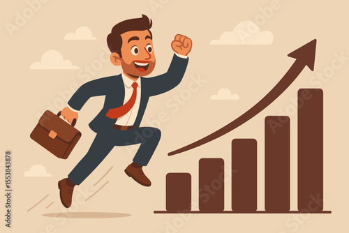 Ambitious businessman jumping over bar chart, striving for career growth, business success, achievement, leadership, motivation, professional development, upward progress. Vector illustration.