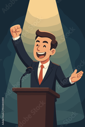 Confident businessman giving motivational speech at podium under spotlight. Leadership, inspiration, public speaking, business success, conference, corporate event. Vector cartoon illustration.