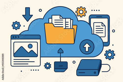 Cloud storage data management concept. File sharing, online backup, secure document transfer, digital folder, upload download, synchronization, remote access, technology network vector illustration