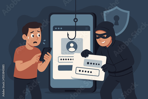 Cybersecurity phishing attack concept. Hacker stealing sensitive data and passwords from mobile device user via fake website. Online identity theft, internet fraud, data breach vector illustration