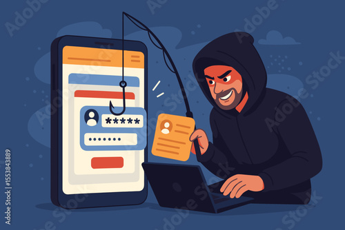 Cybercriminal Phishing Attack Stealing Passwords and Personal Data via Mobile Device, Hacker with Laptop, Online Identity Theft, Fraudulent Website, Cybersecurity Threat Vector Illustration