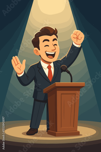 Confident businessman giving motivational speech at podium under spotlight. Leadership, public speaking, business success, inspiration, corporate event, cartoon vector illustration, stage presentation