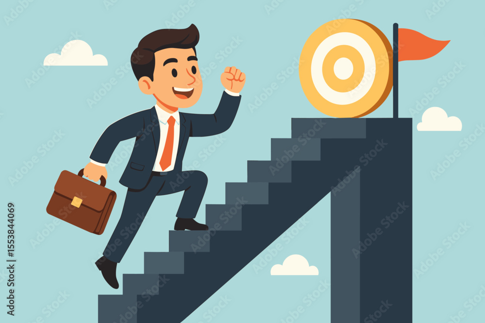 Career ladder metaphor. Businessman with briefcase climbing stairs to a target. Concept for business ambition, success journey, goal achievement, motivation and professional growth. Career ladder metaphor. Businessman with briefcase climbing stairs to a target. Concept for business ambition, success journey, goal achievement, motivation and professional growth.