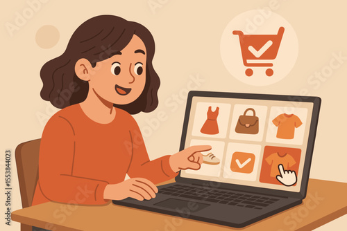 Woman shopping online with laptop, selecting clothes, adding items to shopping cart, e-commerce fashion purchase, digital retail, internet clothing store, vector illustration, modern technology