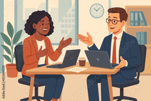 Professional business colleagues collaborating, discussing project plans, teamwork in office workspace. Diverse coworkers meeting, working, communicating.