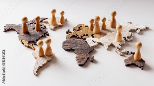 Fototapeta Naklejka Na Ścianę i Meble -  Creative world map with wooden game pieces positioned over continents