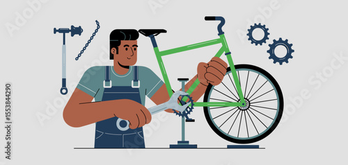 bicycle mechanic tuning up a bike , vector illustration for cycle maintenance, professional repair service and active transport
