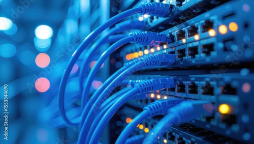 Vibrant blue network cables connect to server rack ports with blurry bokeh lights in the background