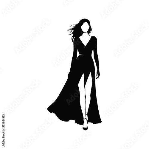 Elegant Woman in Black Gown Fashion Silhouette  Stylish Vector Illustration Long Dress Model Pose