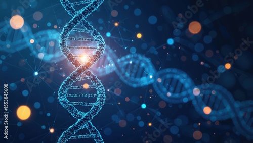 Abstract representation of a glowing blue dna double helix structure with bokeh effects and interconnected nodes