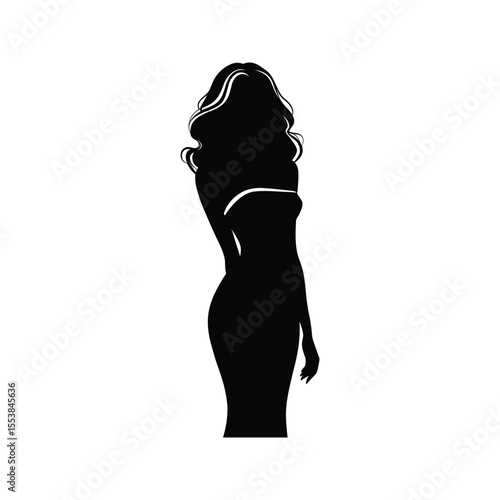 Elegant Woman Silhouette in a Strapless Dress Black and White Vector Illustration