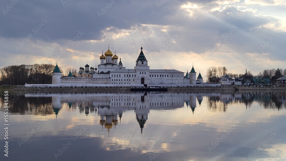 Obraz premium Early spring in Russia. Holy Trinity Ipatievsky Monastery, sun rays and clouds reflected in the water surface of the river. White stone temples with golden domes. Kostroma city