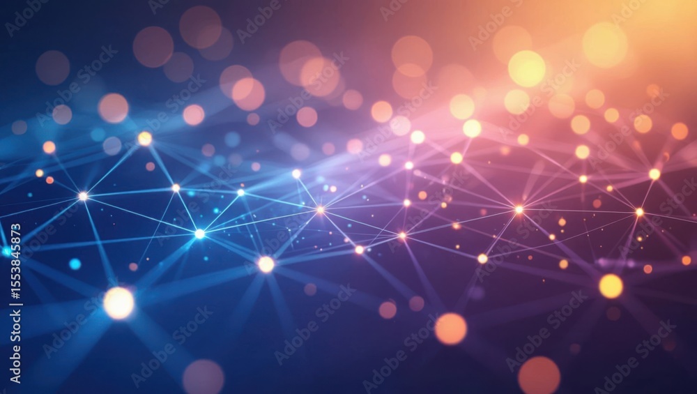 Fototapeta premium Abstract glowing network of interconnected luminous nodes and lines with soft bokeh background in blue and orange hues