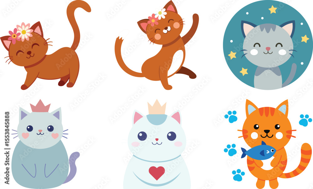 Obraz premium Vector art of set of adorable cartoon cats isolated on transparent background, perfect for kids projects and designs