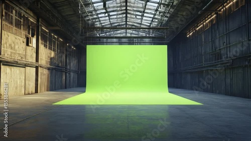 Green screen backdrop in a large, industrial warehouse space.