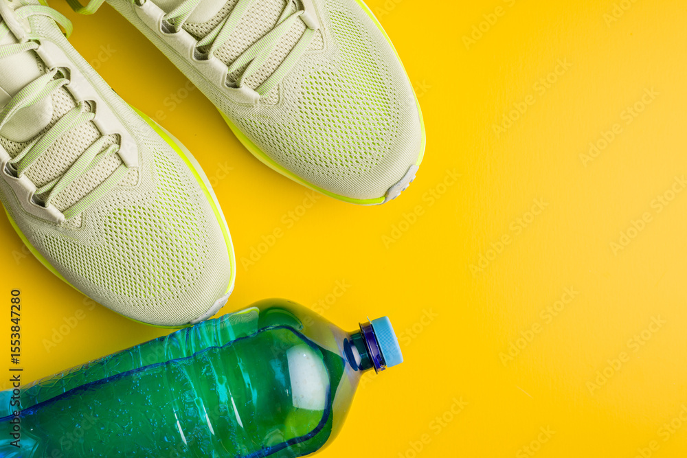 Fototapeta premium Sport running shoes and water bottle on yellow background. Top view.