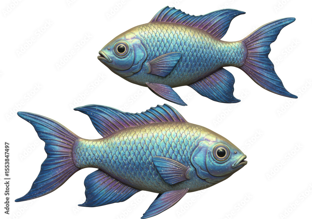Isolated Pair of Iridescent Blue Fish Swimming Together Isolated Pair of Iridescent Blue Fish Swimming Together