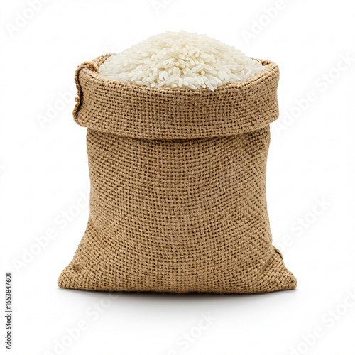 white rice in burlap sack natural food harvest grain isolated on white