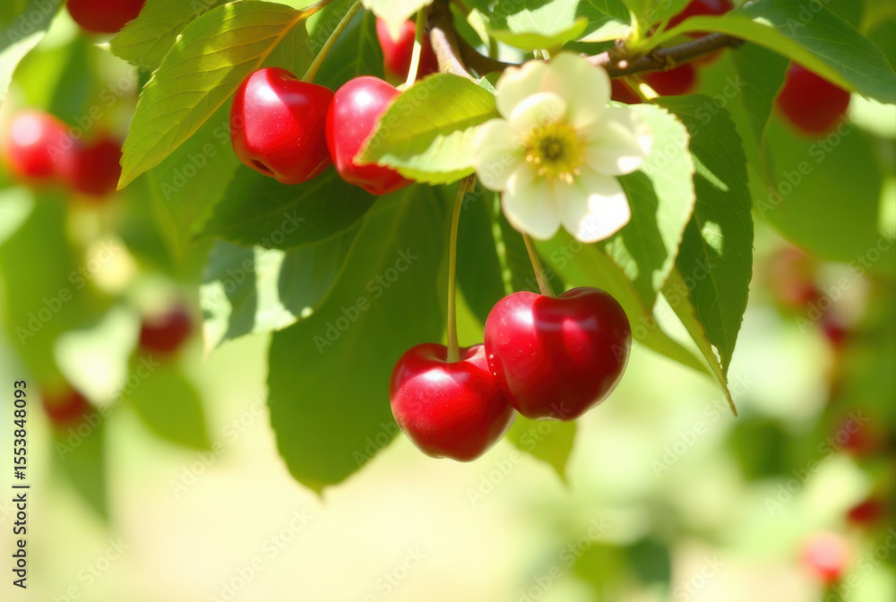 Fototapeta premium Ripe red cherries hanging on branch with white flower and green leaves