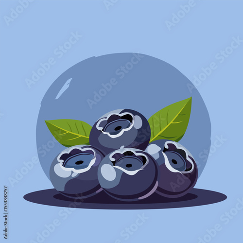 Juicy and healthy blue blueberry with green leaf isolated on bright colorful background. Vector fruit illustration in flat style. Summer clipart for diet design, healthy lifestyle, nutrition