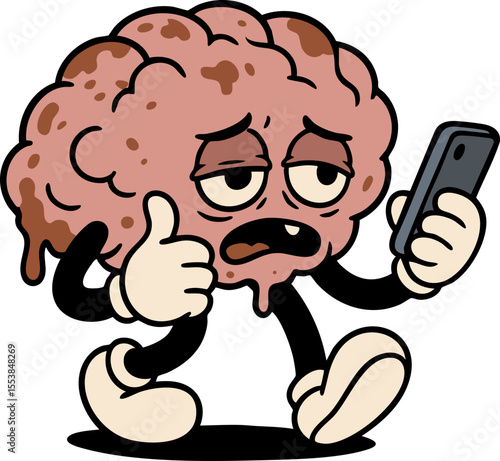 Cartoon Brain Rot Concept – Addicted Brain Holding Smartphone Illustration