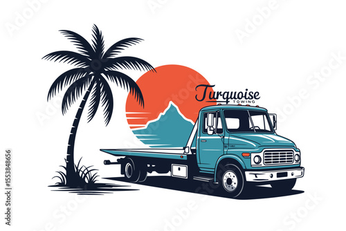 Retro Tow Truck Illustration – Turquoise Flatbed with Palm Tree and Sunset Mountain Scene