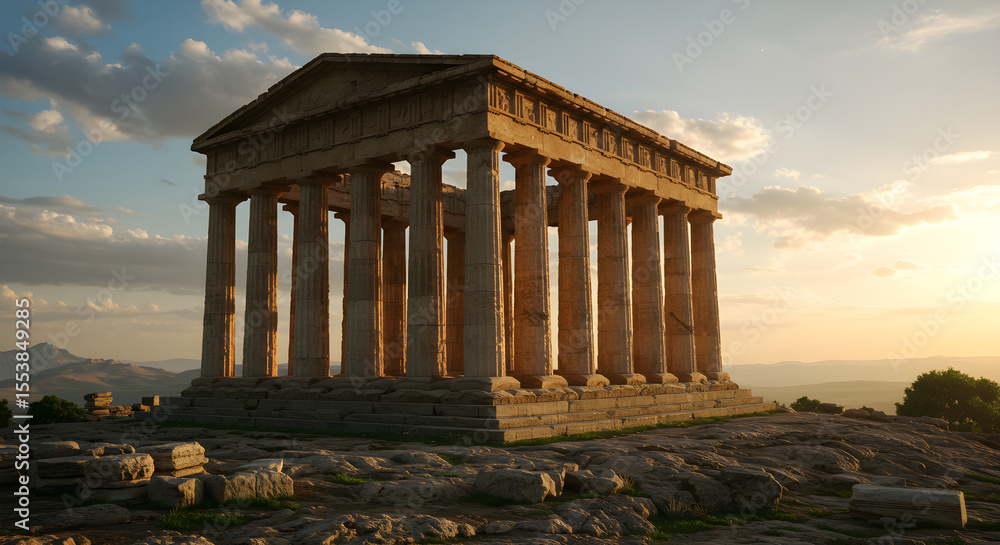 Obraz premium Ancient Greek temple at sunset, majestic columns and stone structure atop a hill.