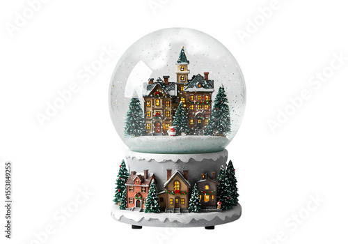 Enchanted Winter Village Snow Globe isolated on transparent baackground