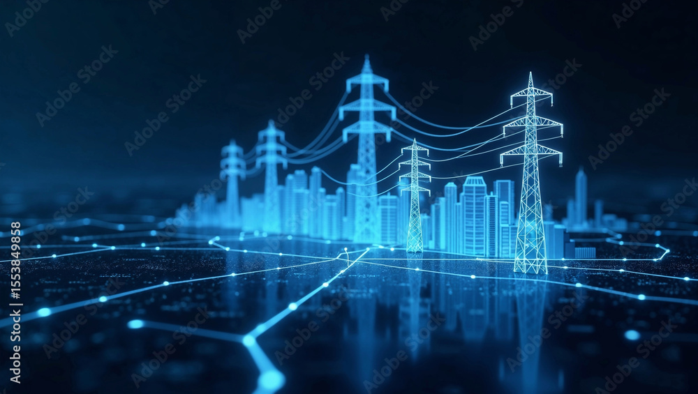 Naklejka premium Digital Energy Flow Visualization Across Urban Smart Grid Infrastructure at Night