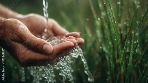 Embracing nature's essence with water in lush green surroundings at dawn