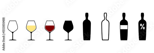 Wineglass and Bottle Icon Set including Empty Glass, White Wine Glass, Red Wine Glass and Bottle Silhouette. Vector Image.