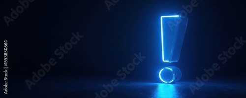 Vibrant blue neon exclamation point against a stark black backdrop , sharp, light, night