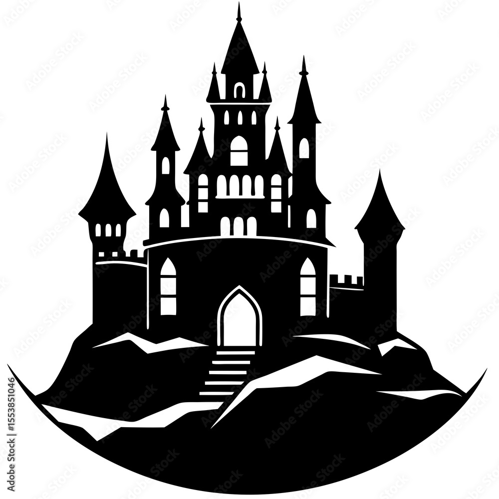 Obraz premium Black silhouette of a fantasy castle with tall towers and arched entrance on a hilltop symbolizing fairy tale kingdom magic medieval architecture mystery royalty fortress and enchanted storybook scene