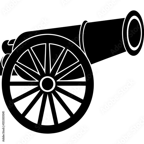 Black silhouette of an old-fashioned cannon with large spoked wheels symbolizing historical warfare military artillery vintage weapon combat defense battlefield and antique war machine concepts