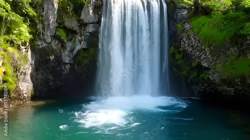 Flowing waterfall cascading into clear turquoise pool in lush green forest