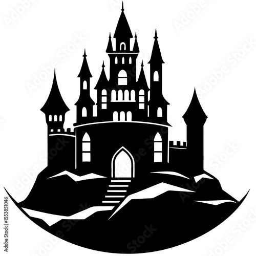 Black silhouette of a fantasy castle with tall towers and arched entrance on a hilltop symbolizing fairy tale kingdom magic medieval architecture mystery royalty fortress and enchanted storybook scene
