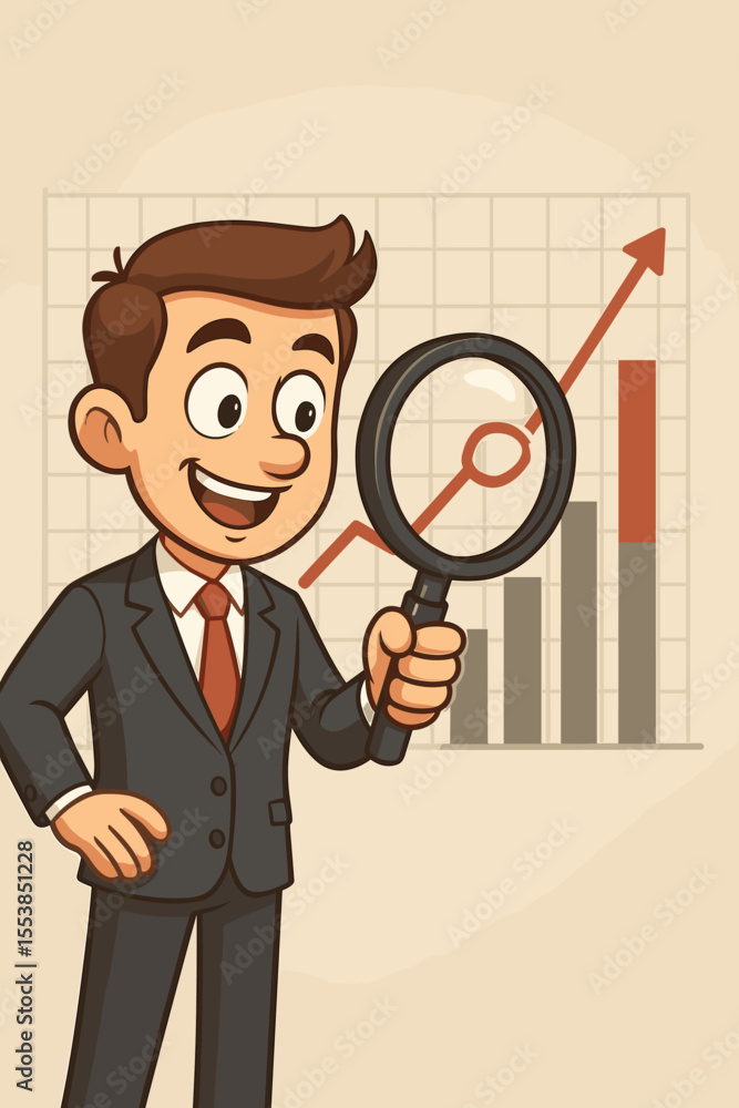 Cartoon businessman with magnifying glass analyzing financial growth chart. Vector concept for business analysis, data research, statistics, financial audit, and successful investment. Cartoon businessman with magnifying glass analyzing financial growth chart. Vector concept for business analysis, data research, statistics, financial audit, and successful investment.
