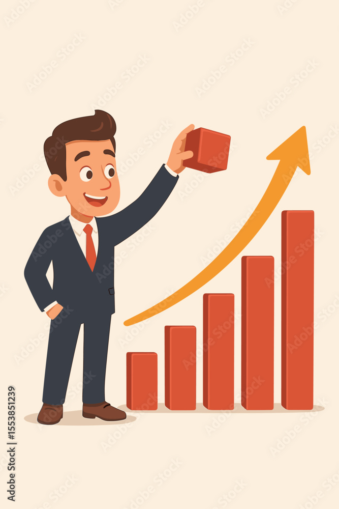 Businessman building a growth graph with a rising arrow. Concept of company success, development, and achievement. Cartoon vector illustration for finance, investment, and profit. Businessman building a growth graph with a rising arrow. Concept of company success, development, and achievement. Cartoon vector illustration for finance, investment, and profit.