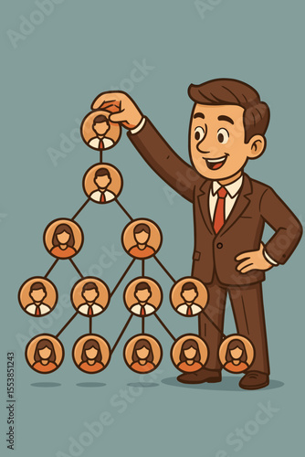Businessman building a multi-level marketing MLM structure. Cartoon leader creating a team hierarchy network. Concept of pyramid scheme, direct sales, and referral marketing program.