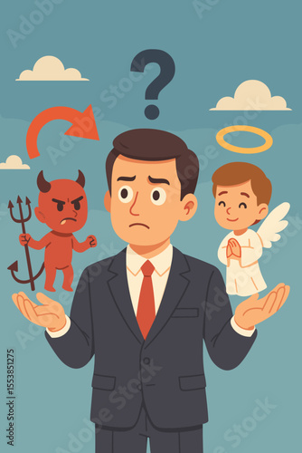 Businessman with an angel and a devil on his shoulders facing a moral dilemma. Concept of choice between good and evil, right and wrong. Ethics, conscience, temptation, and inner conflict.