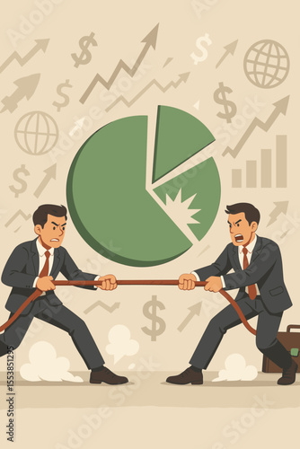 Business competition concept with two businessmen in a tug of war for market share. Corporate rivalry, investment conflict, and trade war metaphor for economic dominance. Vector.