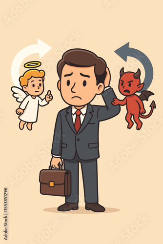 Confused businessman with an angel and a devil on his shoulders making a choice. Moral dilemma, good versus evil, and business ethics concept vector. Inner conflict illustration.