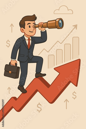 Businessman climbs growth arrow with a telescope, predicting market trends. Concept for business vision, financial forecast, investment strategy, future profit, and earnings success.